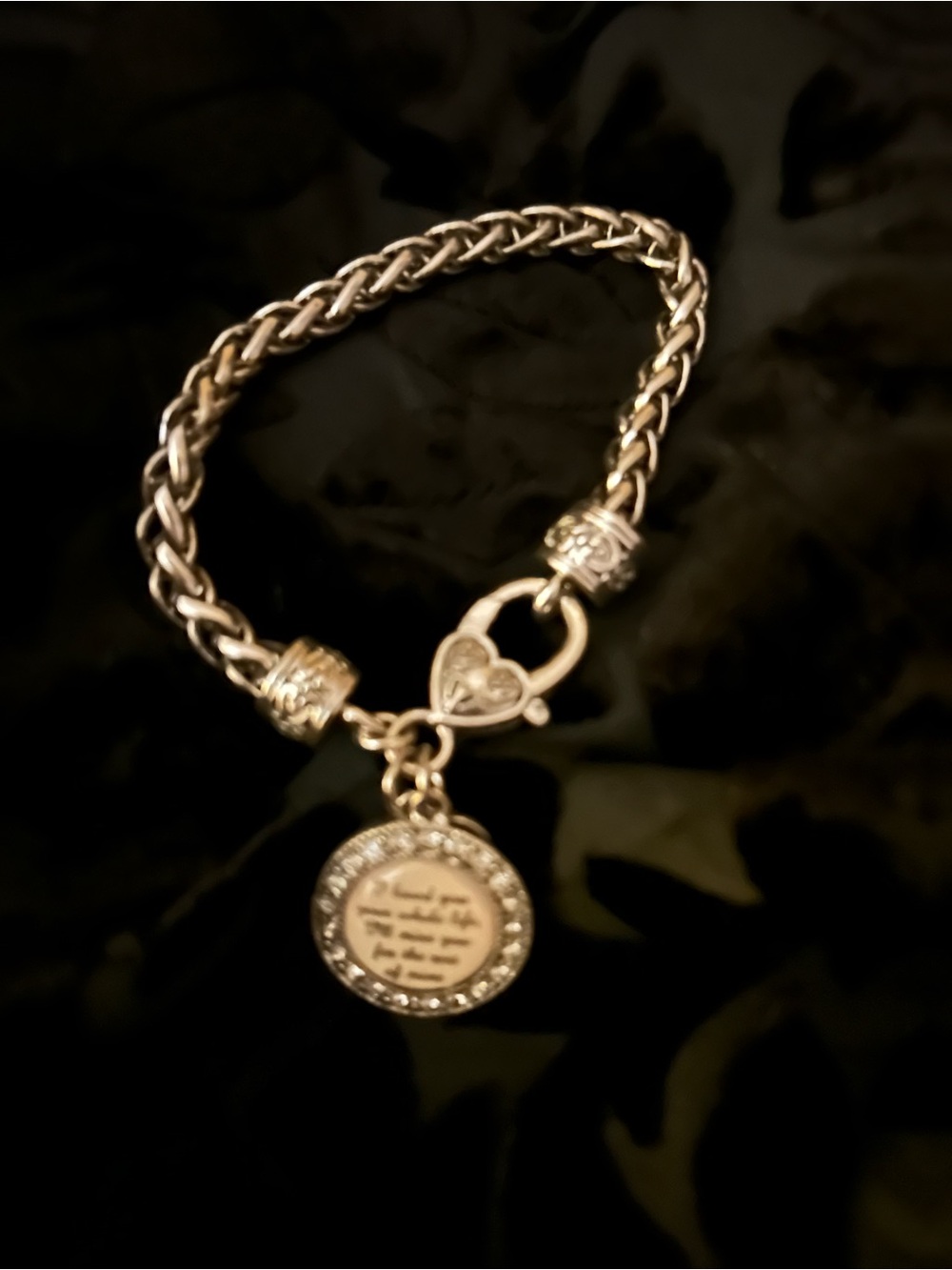 Silver  Heart Lock Charm Bracelet with Paved Circle Pendant